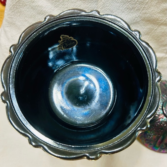 Vintage Fenton Black carnival glass paneled amethyst daisy candy dish. Mint - Picture 3 of 11